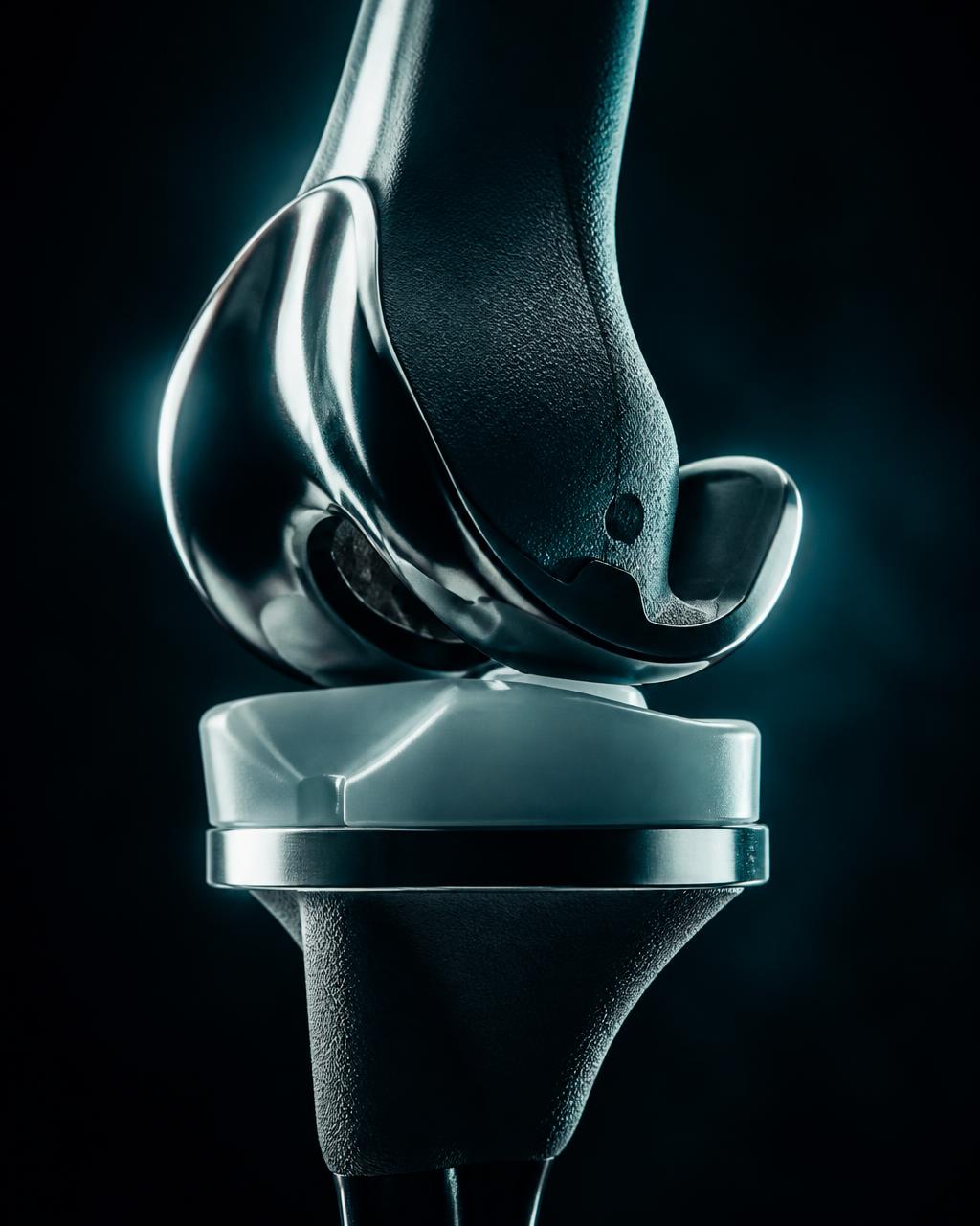 Macro photograph of a titanium knee implant under rim lighting